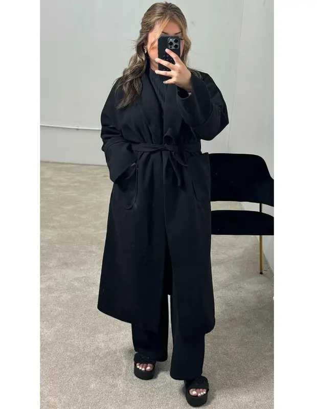 Womens Casual Long Sleeve Lapel Collar 2 Front Pockets Tie Up Long Coat Ladies Outdoor Winter Warm Belted Waist Trench Duster Long Coat Jacket 1
