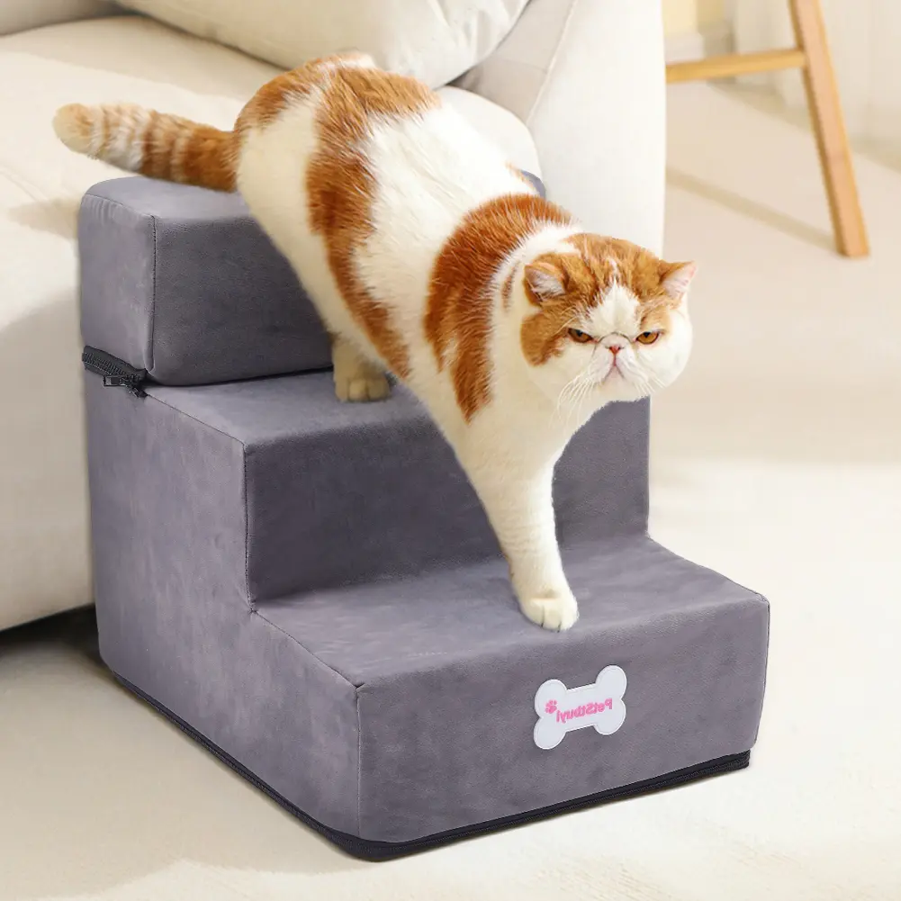 AceHome 3-Step Upholstered Pet Stairs Climbing Ladder with Detachable Cover - Perfect for Your Pets