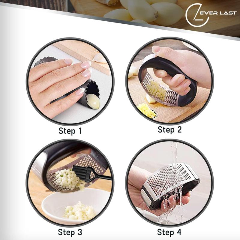 Garlic Press with Steel Edge - Stainless Steel - Premium Quality Kitchen Utensil for Easy Garlic Peeling and Cleaning - Utensils 2