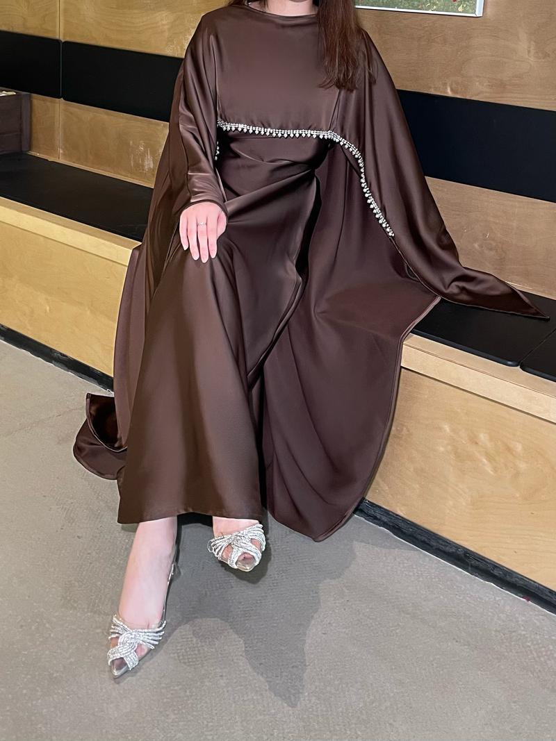 Product Introduction of 2025 Ramadan Promotion Two- piece Satin cape elegant dress , occasion abaya , Modest dress with pearl and crystal 21