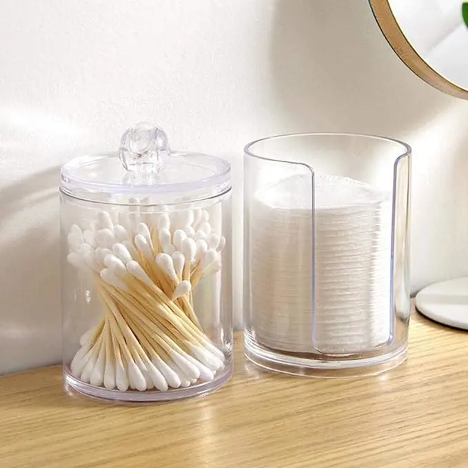 3Pcs Clear Acrylic Makeup Pads Container Organizer,Plastic Cotton Ball and Swab Holder with Lid Bathroom Jar Storage Beauty Makeup Organizer Storage for Cotton Balls,Swabs,Q-Tips,(Transparent)