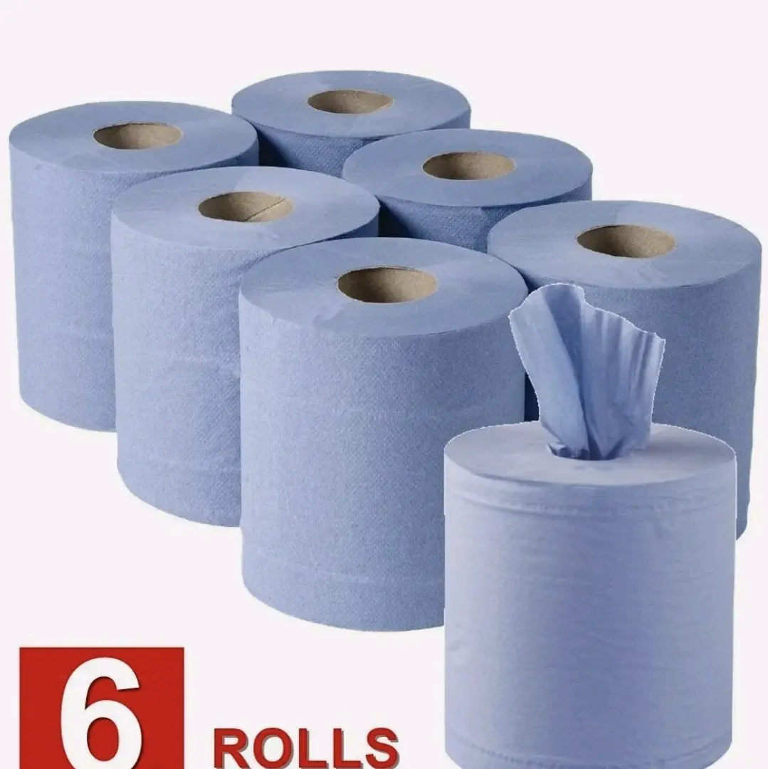6 x Jumbo Workshop Hand Towels Rolls 2 Ply Centre Feed Wipes Embossed Tissue