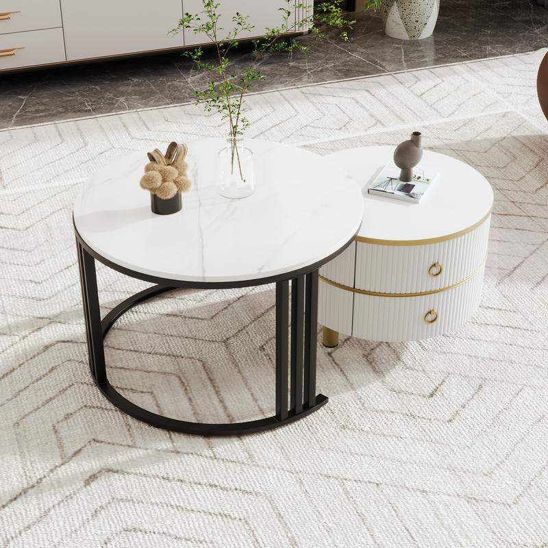 2024 High Quanlity 2-in-1 round MDF coffee table with 1 high-gloss table top and 1 side table with brown tempered glass tabletop, living room coffee table set with 2 drawers, 70*70*45 + 50*50*40 cm Modern Furniture Coffee Table for Living Room 4