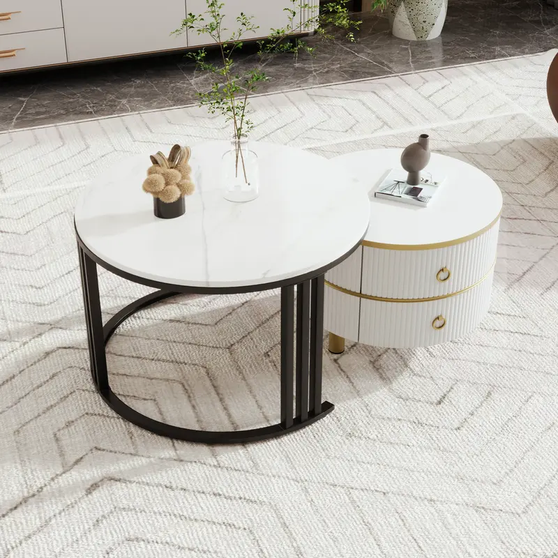 2024 High Quanlity 2-in-1 round MDF coffee table with 1 high-gloss table top and 1 side table with brown tempered glass tabletop, living room coffee table set with 2 drawers, 70*70*45 + 50*50*40 cm Modern Furniture Coffee Table for Living Room 4