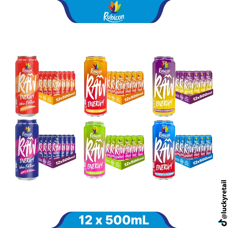 Rubicon Raw Energy Drink Sports Beverage 12 x 500ml Cans | Fruit Juice | Sports Beverage 0
