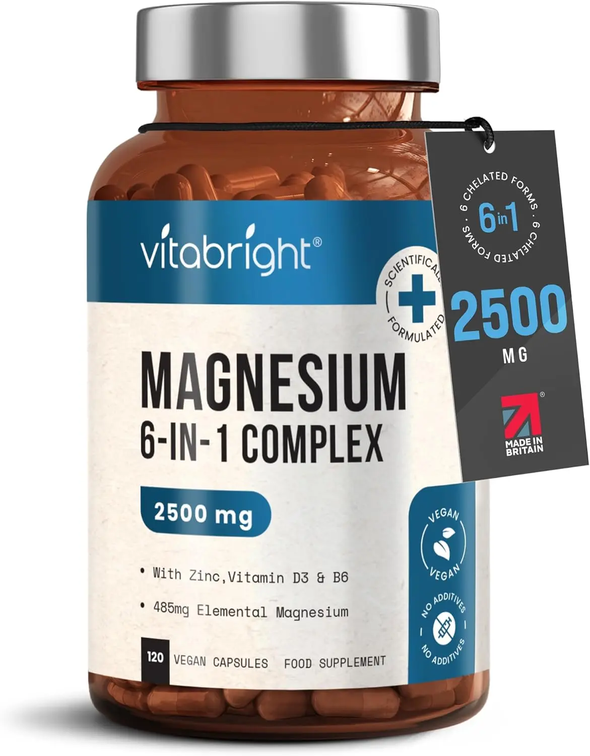 Magnesium Glycinate 6-in-1 Complex 2500mg, 485mg Elemental Magnesium Supplements High Strength, With Zinc, Vitamin D3 & B6, Chelated Magnesium Tablets Citrate, Bisglycinate, Malate, Healthcare Dietary Fitness Edible