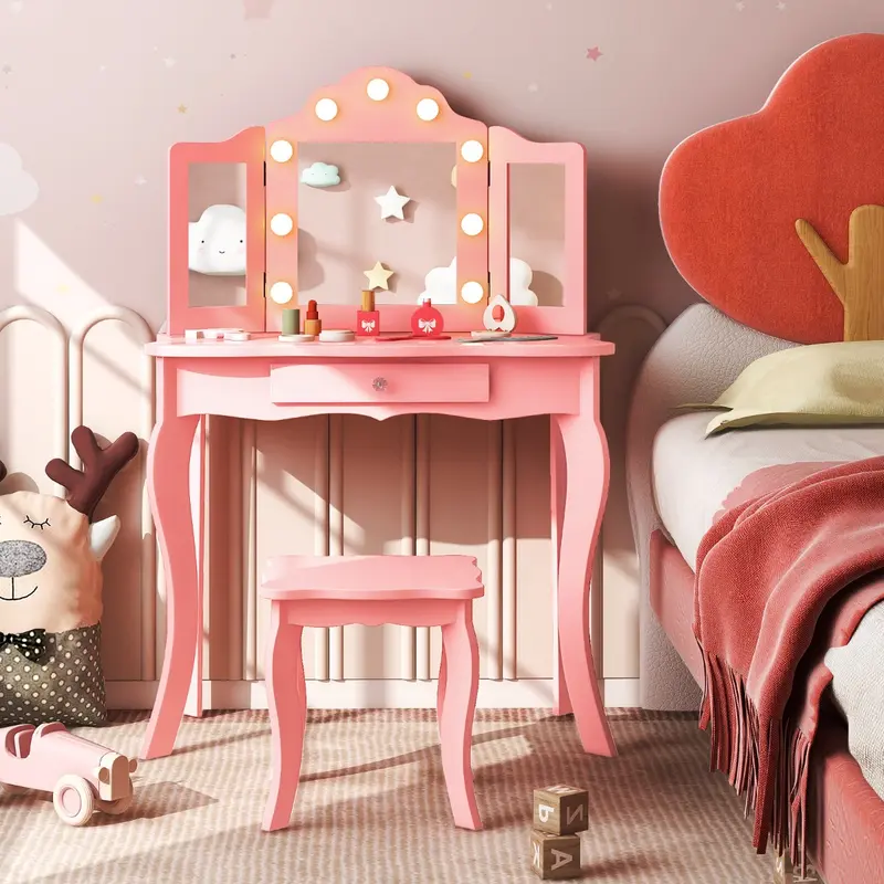 COSTWAY Kids Vanity Table and Stool Set with Real Glass Tri-Folding Mirror and Drawer 2