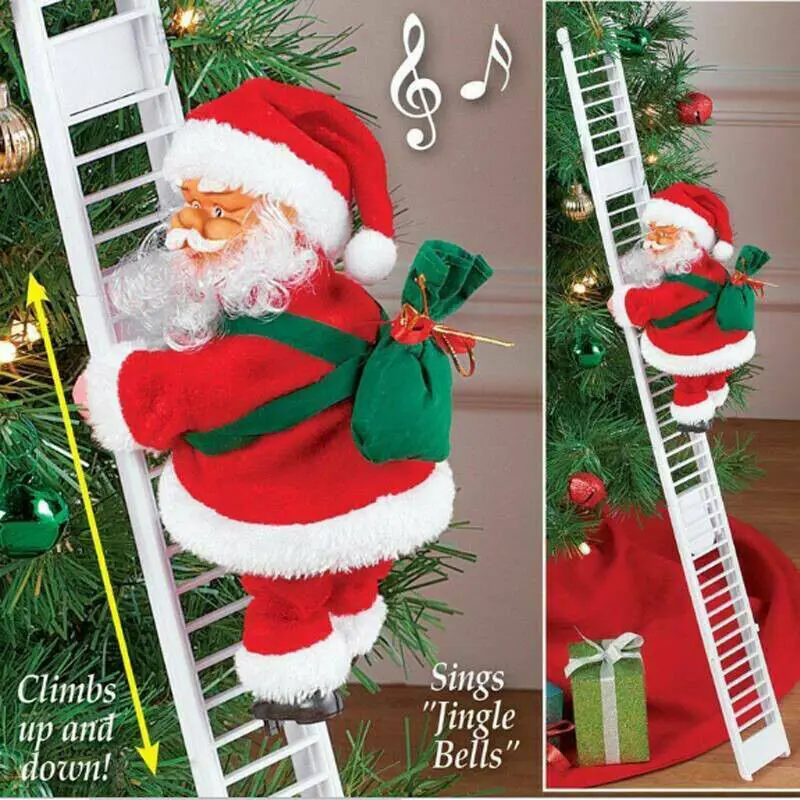 Christmas Electric Santa Claus Climbing Ladder Doll Music Xmas Gift Set Decor Party Decoration Ornaments Plastic 0