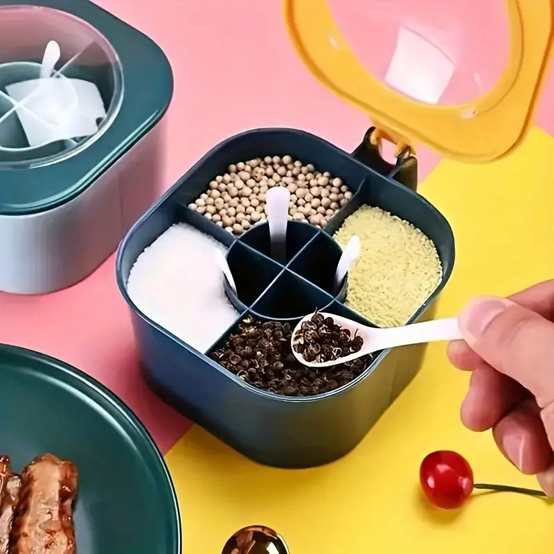 4-in-1 Large Capacity Seasoning Box Set with Lid & Spoon - Durable ABS, Perfect for Home Kitchen Organization, Salt Tank, Combination