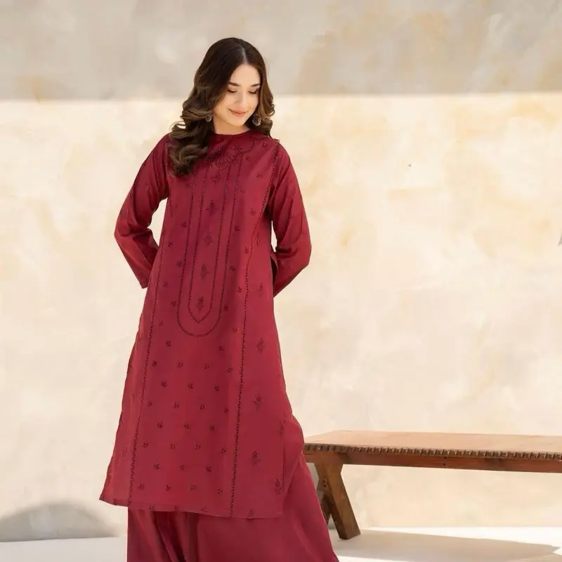 Burgundy Bliss 2-Piece Lawn Embroidered Outfit for Women - Casual Style - Womenswear