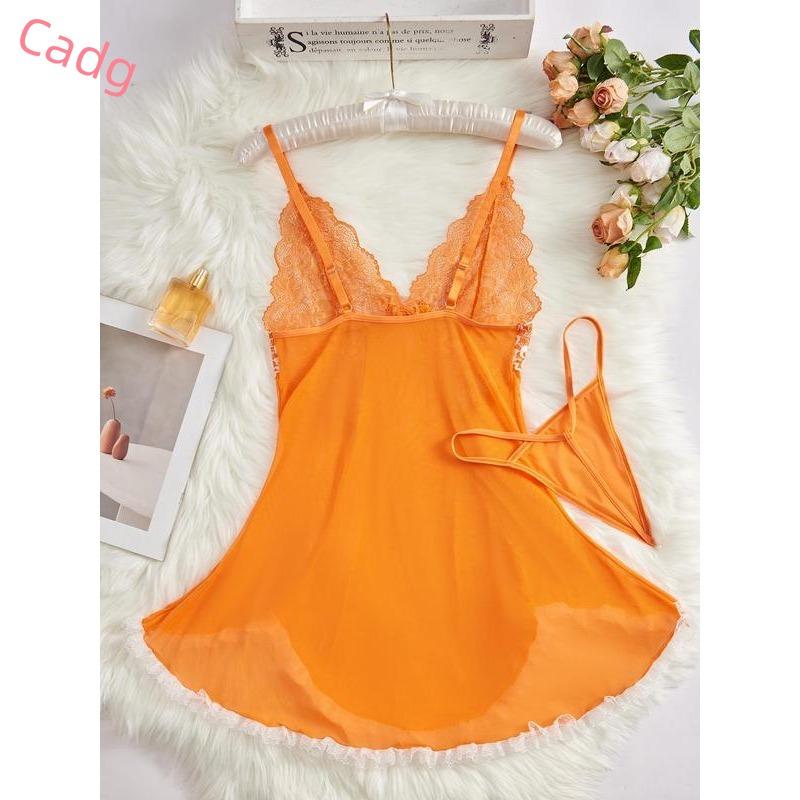 Women's Contrast Lace Bow Decor Cami Nightdress & Panty Two-Piece Set, Solid Color Deep V Neck Nightgown & Panty, Ladies Sleepwear for All Seasons Womenswear Loungewear 5