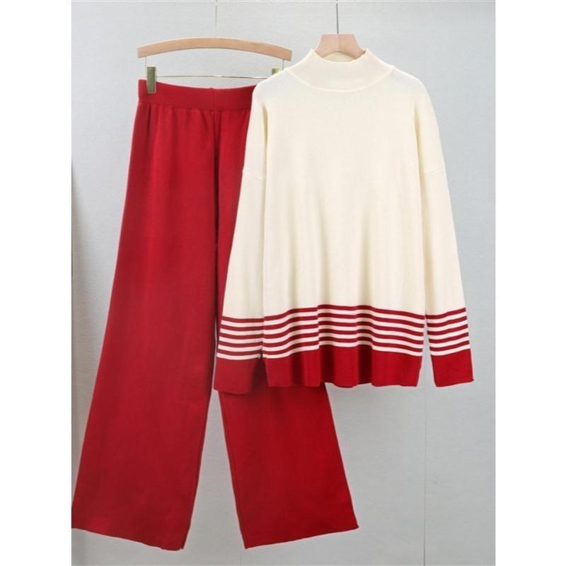 Muslim Knitting Suit Women Two Piece Sets Pullover Striped Sweater Knitted Wide Leg Pants Outfits Casual Knitwear Ensemble 2024 5