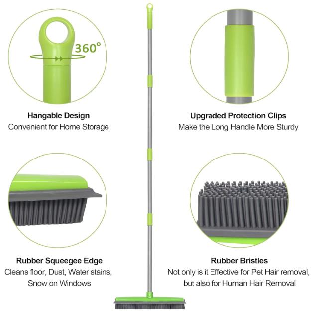 Rubber Broom with Squeegee, Carpet Broom with 59 inch Long Handle, Pet Hair Removal Broom, Rubber Sweeping Brush for Dust, Hard Floors, Windows, Non-Scratch, Outdoor/Indoor Broom Cleaning Smooth 2