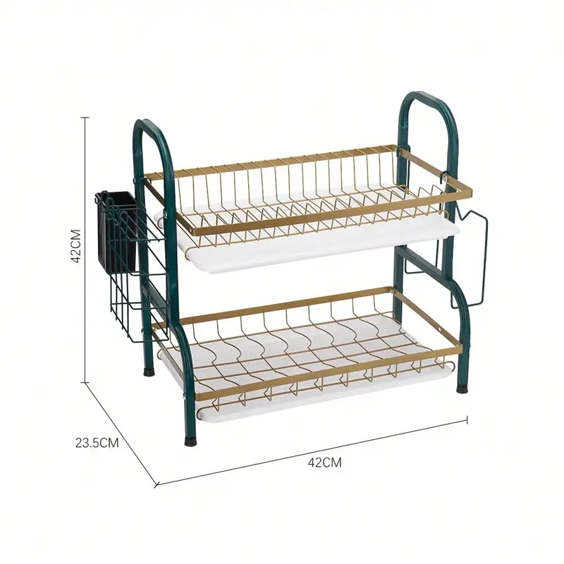 MILAN GOLD  2 Tier Dish Drainer Rack,Stainless Steel Dish Drying Rack,Kitchen Organizer Storage Shelf With Drainboard,Cutlery Holder,Cutting Board Holder,Knife Cup Utensil Holder 4