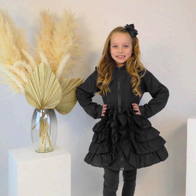 Girls Nova Black Ruffle Fleece Lined Bow Mac Jacket 1