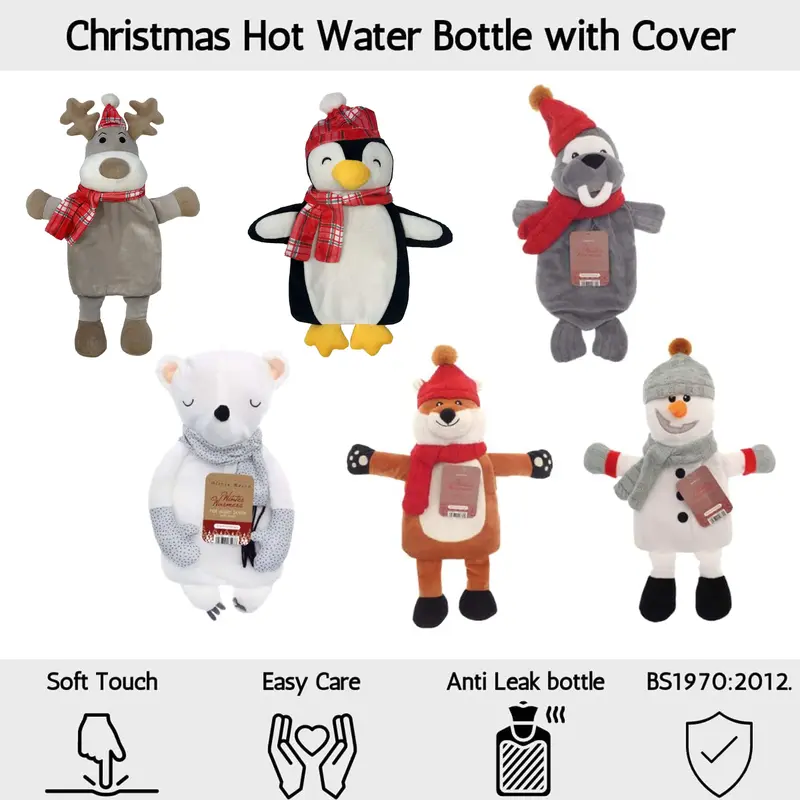 Christmas Hot Water Bottle with Festive Penguin Cover 1L Natural Rubber UK Safe Tested Winter Gift for Kids & Adults by OLIVIA ROCCO 3