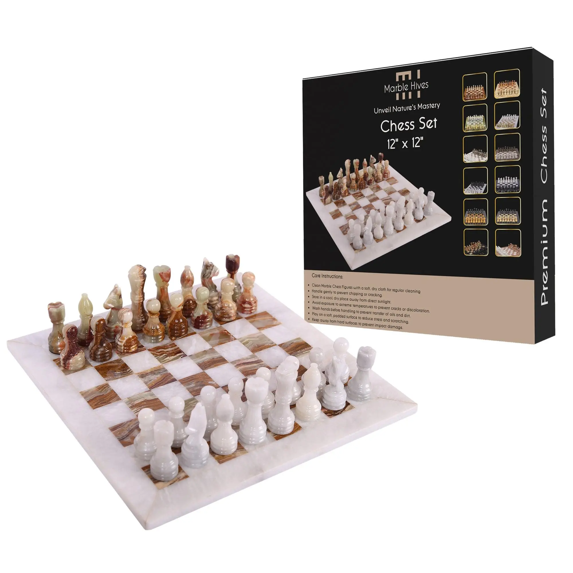 Luxury Handmade Marble Chess Set - White & Green Onyx (12 x 12 Inches) - Chess Sets for Adults - Premium Quality Chess Boards - Aesthetic Chess Boards