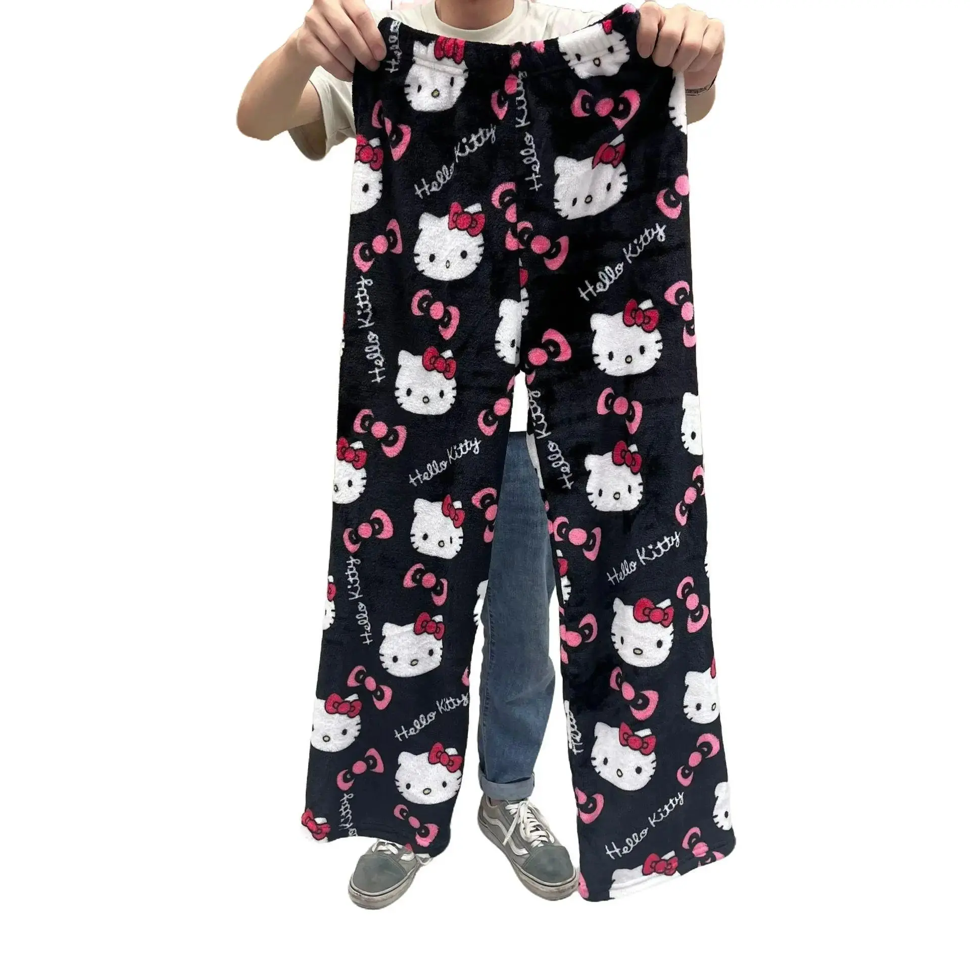 Sanrio Hello Kitty Pajamas Pants Black Pink Anime Flannel Women Warm Woolen White Cartoon Casual Home Pant Autumn Grils Trousers Loungewear Nightwear Womenswear Aesthetics Soft Comfort Homewear Pjs