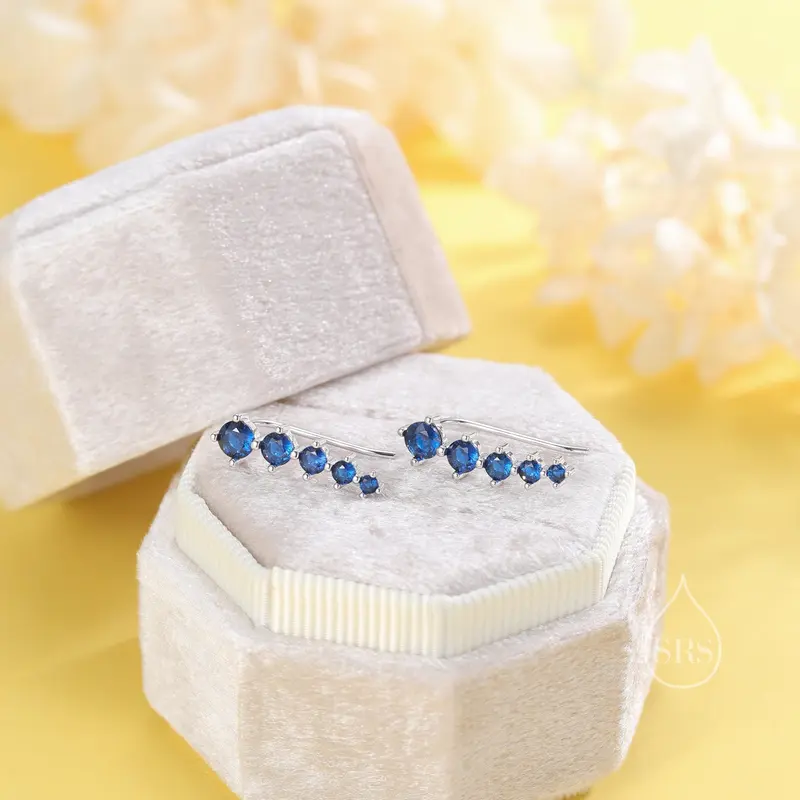 Sapphire Blue CZ Crystal Crawler Earrings in Sterling Silver, Silver or Gold 4