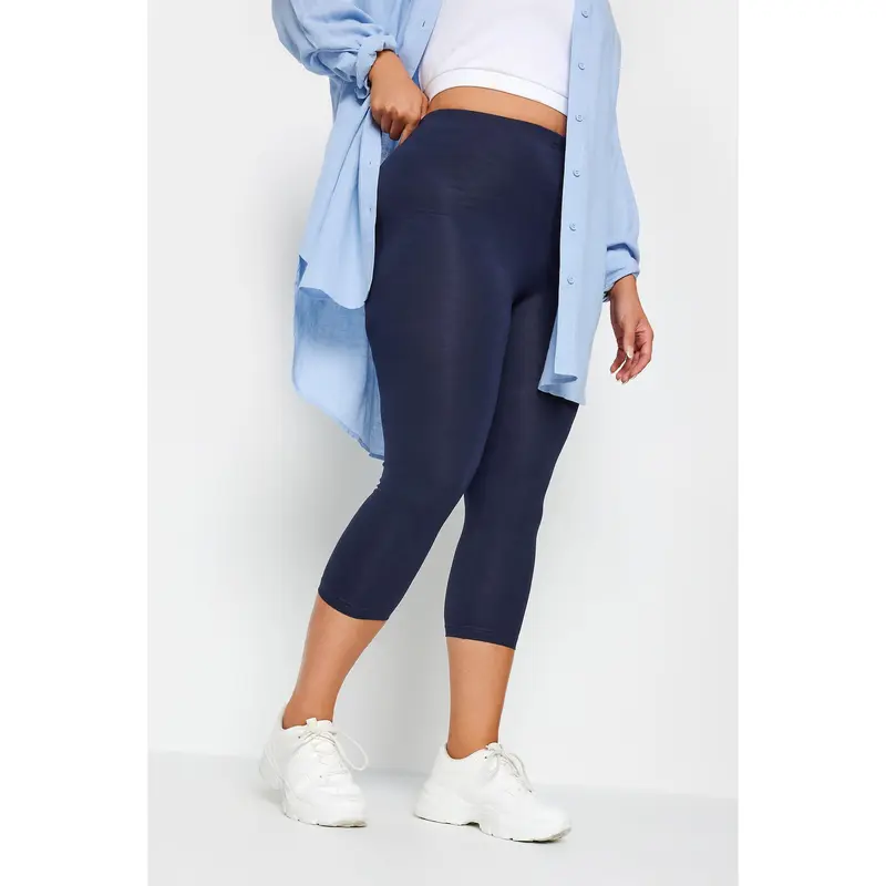 YOURS FOR GOOD Curve Navy Blue Cotton Stretch Cropped Leggings 0