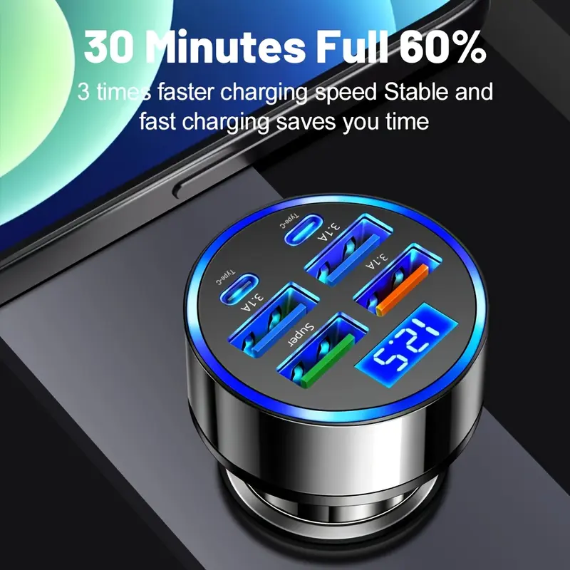 1pc Universal 6-in-1 Car Charger with Digital Display, QC3.0 & QC3.1 Fast Charging, Dual PD USB Ports, Multi-Function Vehicle Charger Adapter, 36V Max Power, USB Connector, Cigarette Lighter Plug 2