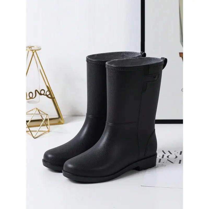 Women's Mid-Calf Rain Boots, Waterproof Rain Shoes With Thermal Lined, Anti-Slip Soft Bottom Half-Tube Water Boots Black 1