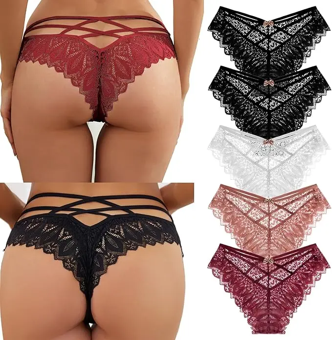 5PCS Women's Lace Knickers - Sexy Low-Rise Briefs for Women, Soft & Breathable Underwear, Seamless Bikini - Panties, Womenswear