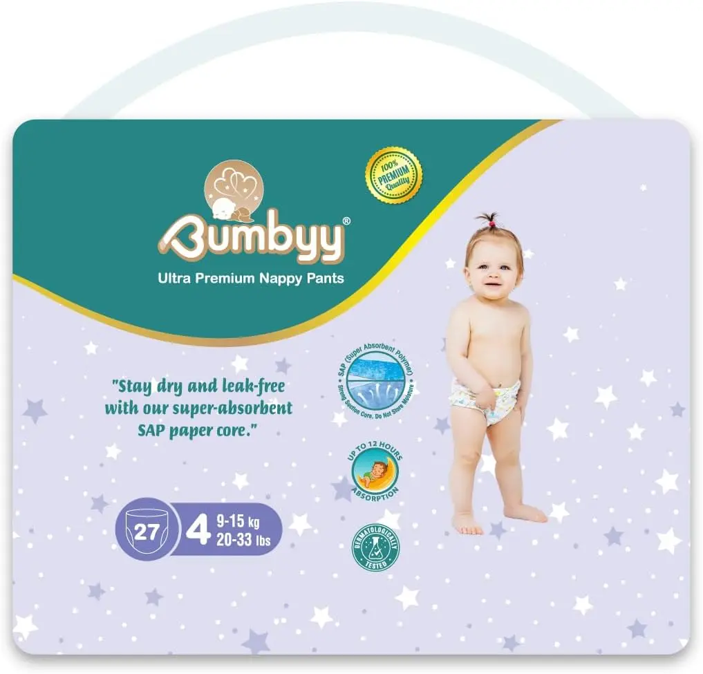 Bumbyy Premium Nappy Pants - Nappies Size 4 (9-15kg/20-33lbs) - 12hr Leak Protection, Chemical Free, Hypoallergenic, Dermatologically Tested, Soft & Thin Pull-Ups for Sensitive Skin - 27 Count
