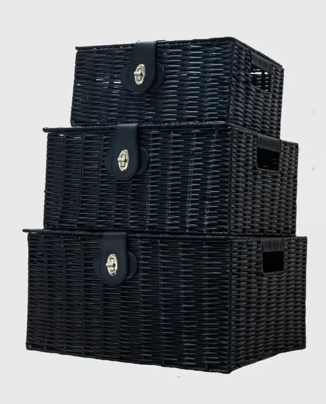 SET OF 3 RESIN WOVEN WICKER XMAS HAMPER BASKET STORAGE BOX WITH LID & LOCK GIFT 3