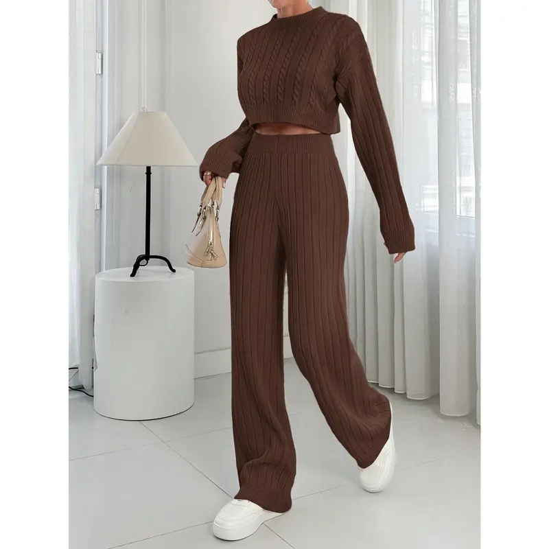 2pcs Women Solid Color Stand Collar Long Sleeve Sweater Top And Long Pants Casual Knitwear Set Clothing Fit Womenswear Suits Fabric Comfort Basic Minimalist 4