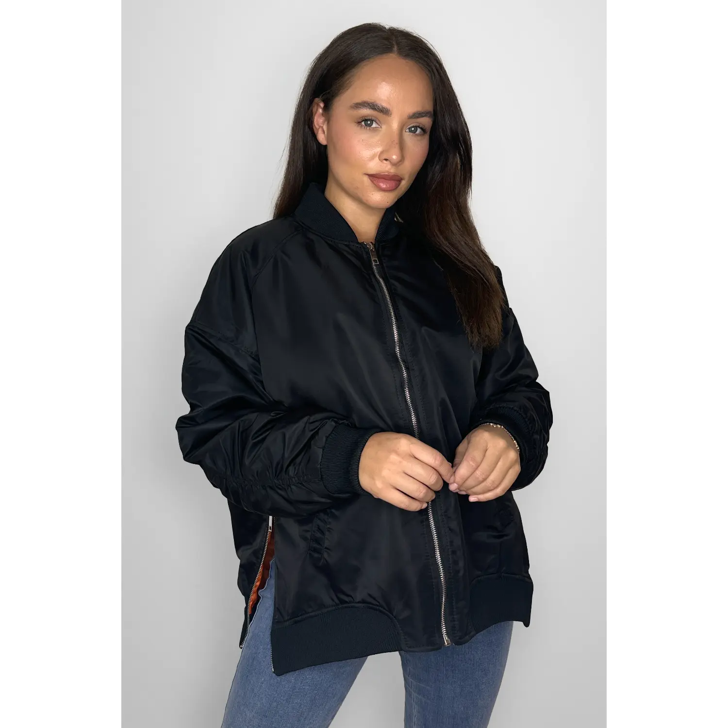 Side Zip Detail Relaxed Fit Bomber Jacket