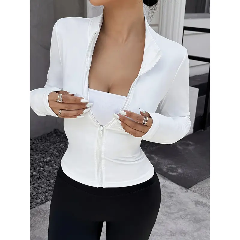 Women's Polyester Zip-Front Stand Collar Jacket - Y2K Style Slim Fit Solid Color Long Sleeve Casual Outerwear for All Seasons - Knit Fabric Construction 4