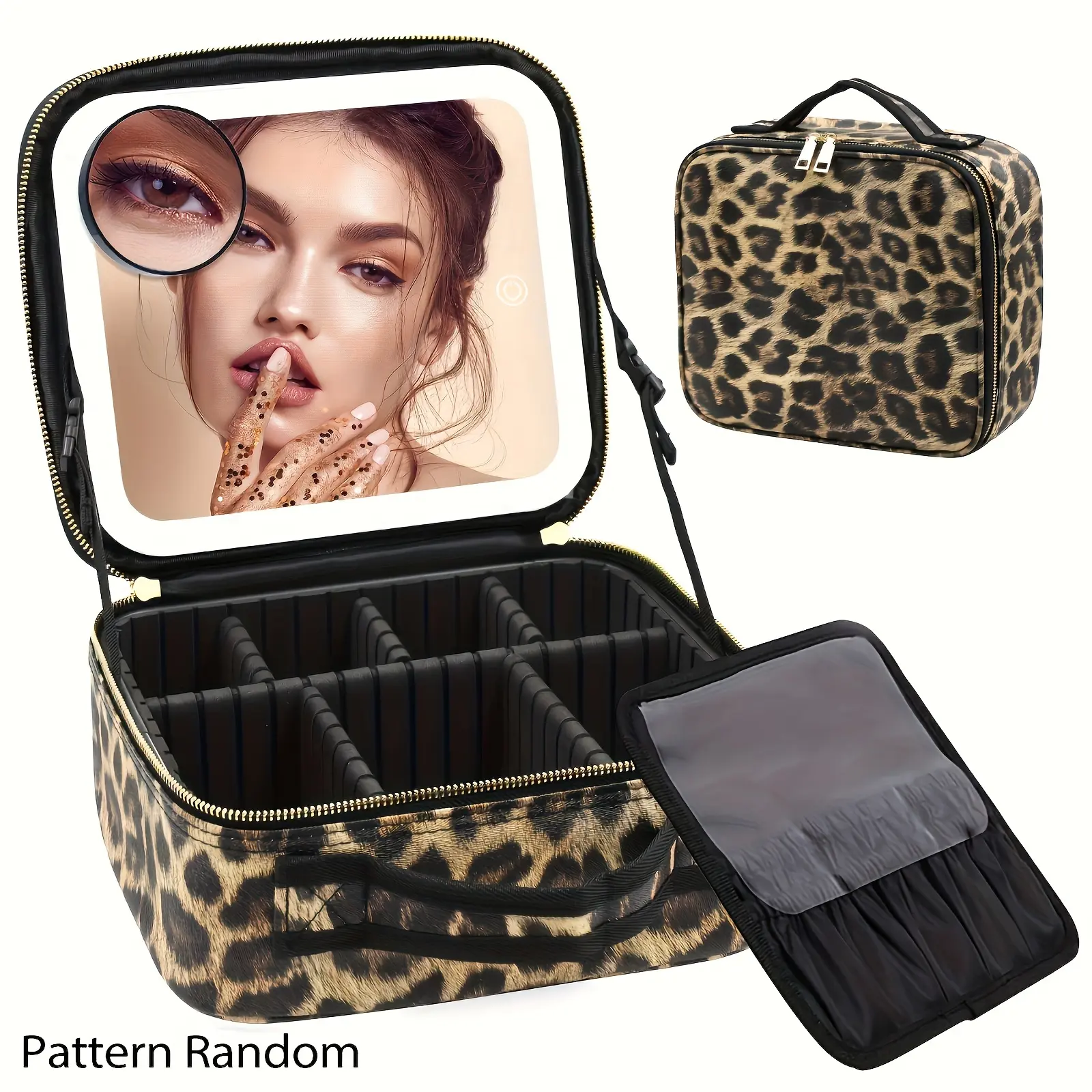 Travel Makeup Bag With Mirror Of LED Lighted, Makeup Train Case With Adjustable Dividers, Makeup Case With Mirror And Detachable 10x Magnifying