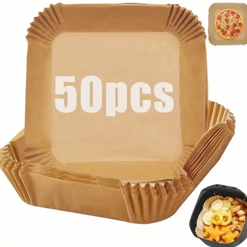 100pcs and 50pcs Disposable Parchment Paper Liners for Reusable Air Fryers | Easy Clean-Up, Non-Stick, Eco-Friendly | Air Fryer Accessories Bakeware Utensils Set Square Waterproof 2