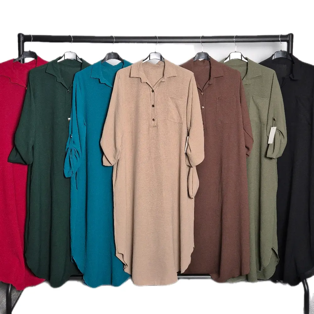 EVA Women's Long Shirt Dress – Modest Collared Maxi Tunic with Roll-Up Sleeves 7 Colours Casual Chic Clothing