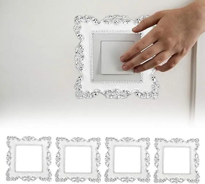 4 Pcs Light Switch Sticker, Plastic Resin Single Light Switch Surround Socket Vintage Square Shape Luxurious Light Switch Cover Socket Stickers Covers for Home Wall Switch Decoration(White)