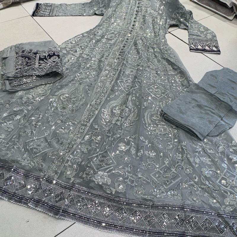 Silver/Grey JASMIN Long dress suit 3 piece Pakistani embroidered chiffon duppatta wedding edt S-XL Womenswear 8