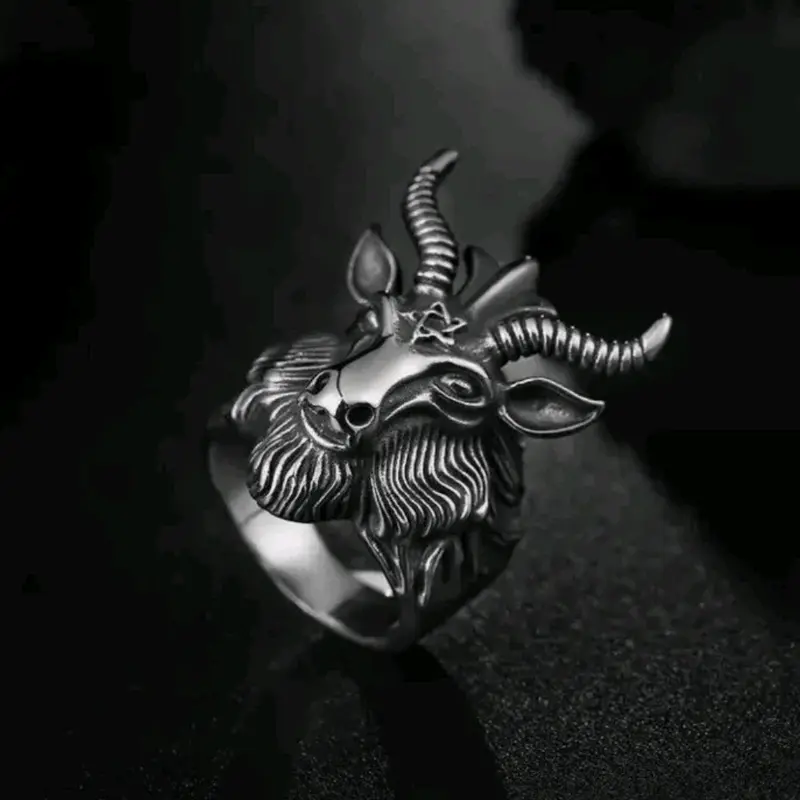 Baphomet Goat Head Black Death Satanic Pentagram Hornet Ram Retro Gothic Ring Male Anniversary Auspicious 4