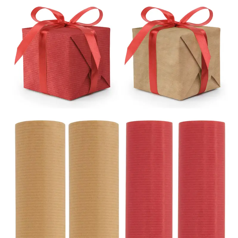 Christmas Wrapping Paper Gift Wrap Natural Kraft Paper Ribbed Eco Wrap Red Brown Bulk Pack 12M Festive 4 Pack 2