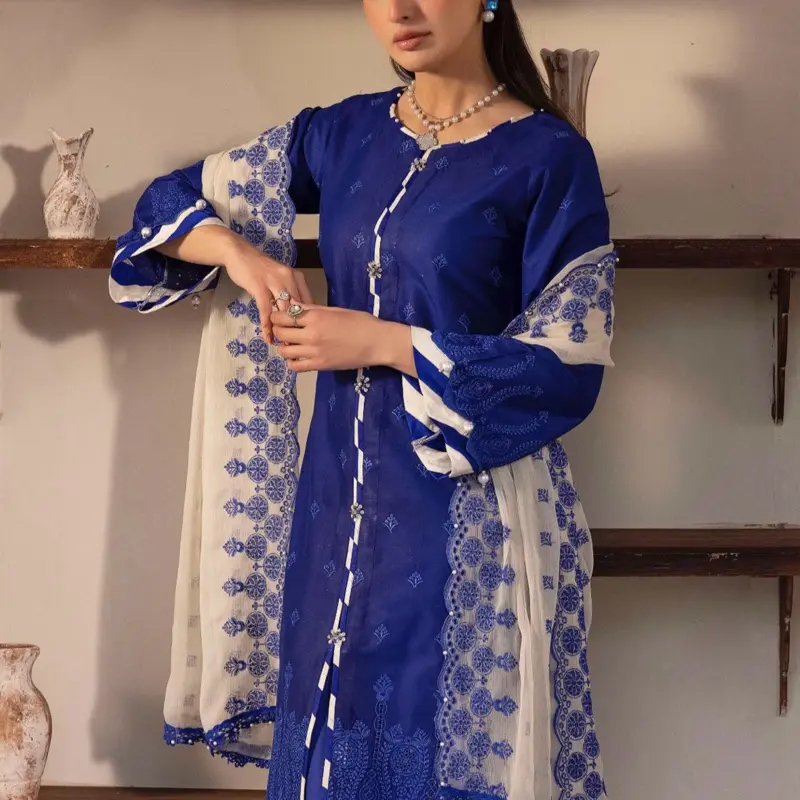 Royal blue ’Schiffli’  cotton Ladies suits. 5