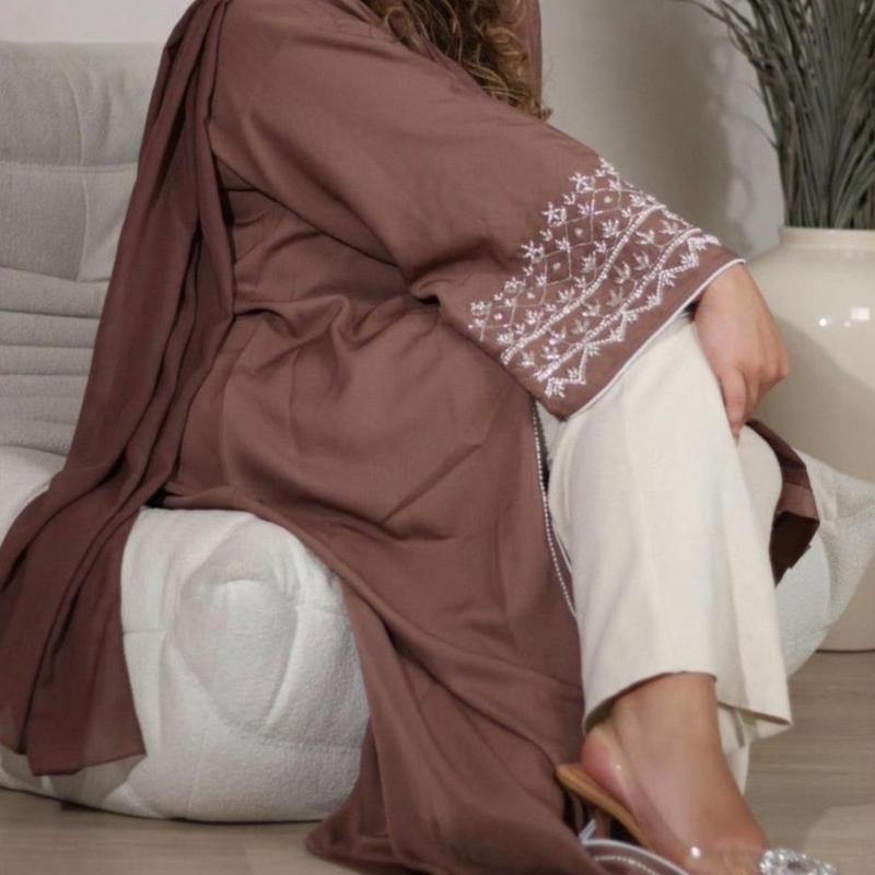 Amira Abaya - MAYLEES Detailed Sleeve Embellished Full-Length Women's 3-Piece Button-up Set Sizes 50-60 plain muslim party essential handmade soft fabric eid outfits glam regular sleeve casual traditional minimalist hijabis crew neck luxury 3