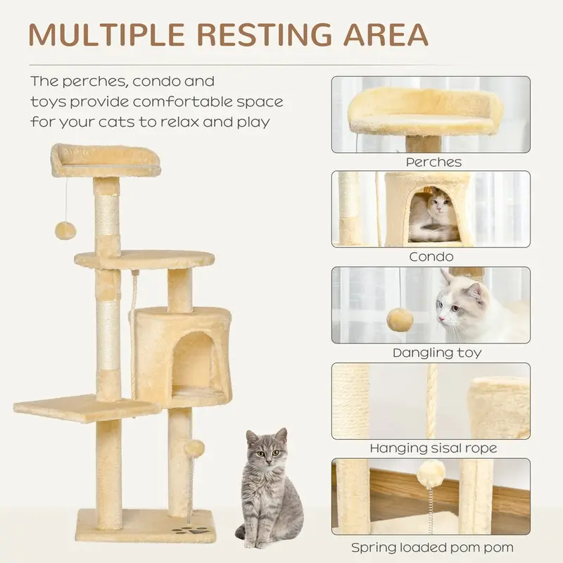 Cat Tree Activity Centre Scratcher Scratching Post with Toys Beige 114Cm 3