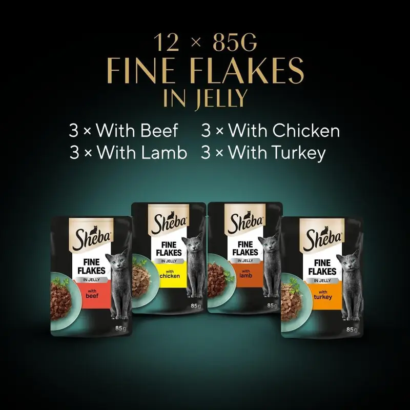 Sheba Fine Flakes Wet Cat Food Pouches - MultiPack Succulent Collection with Beef, Chicken, Lamb and Turkey in Jelly, Pack of 4 (4 x 12 Pouches x 85 g) 7