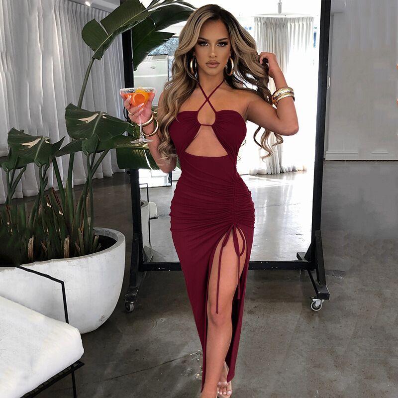 Product Introduction of 2025 hot selling style Women's plain Criss Cross Drawstring Ruched Split Thigh Bodycon Dress, Summer Dresses ,Backless Cut Out Halter Long Dress, Party Nightclub Clothes, Birthday Dress ,Sun Dresses ,Maxi Dress Fit  Stretchy 15