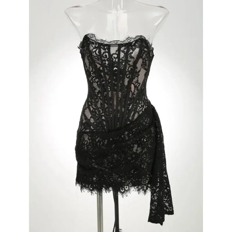 Sexy Lace See-through Patchwork Corset Dress Female Elegant Party MIrrgualr Mini Dress Women Tube Top Dress New 5