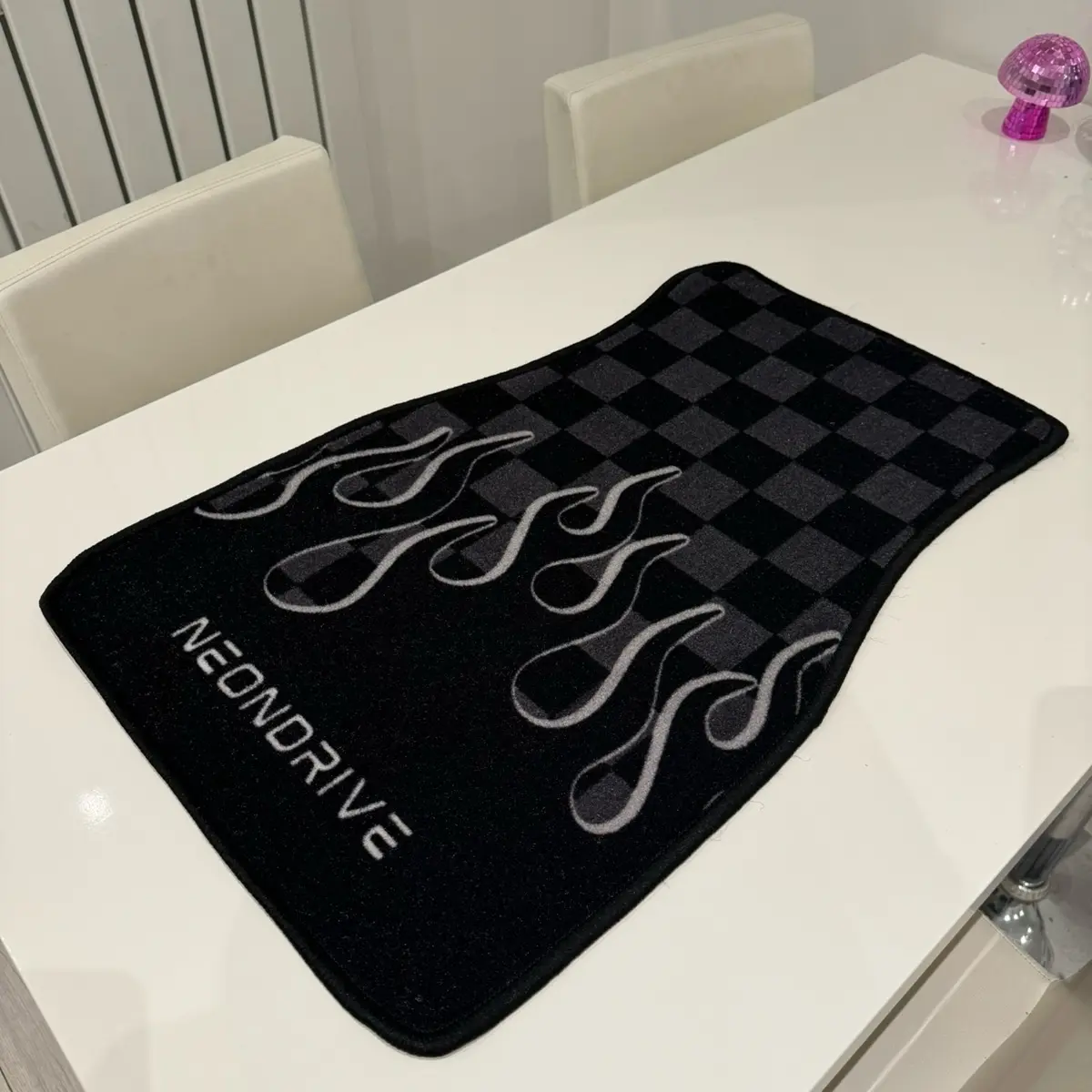 Checkered Car Floor Mats with Flame Design - Set of 2 for Front Seats - Black Grey and White - Waterproof and Durable