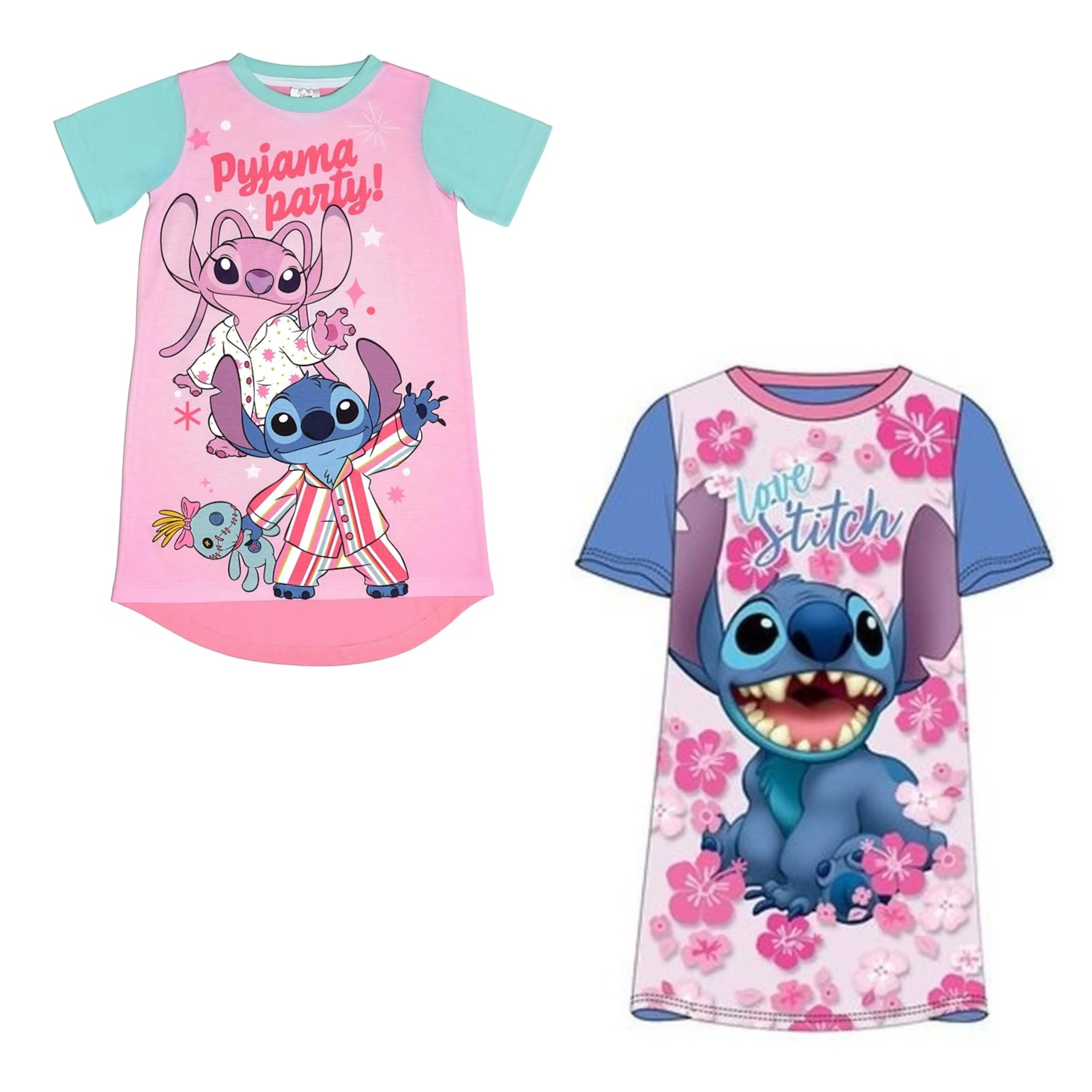 Disney Lilo And Stitch Girls Nightdress Nighty Nightie Night Dress Character Pjs Pyjamas Pajamas Nightwear Sleepwear Kids Childrens Short Sleeve Pink Floral Love