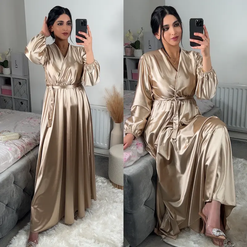 Women's Elegant Satin Dress with Shimmer Effect- Belted, V Neck Maxi, Elasticated Waist and Cuffs - UK Size 8-14 5