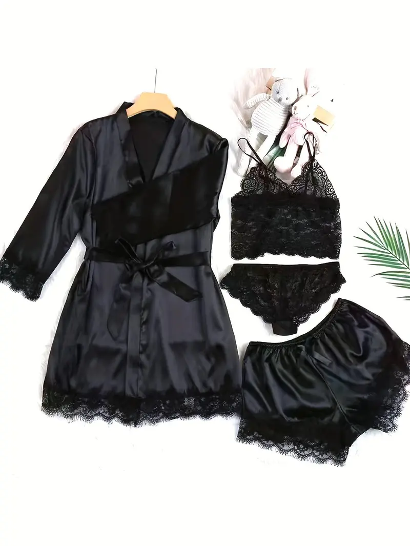 Product Introduction of Elegant Satin Breasted Set With Lace Contrast, Three-Quarter Sleeve Gown With Belt And Camisole Bra And Trousers And Elastic Shorts, Home Wear For Women Womenswear Lingerie 5