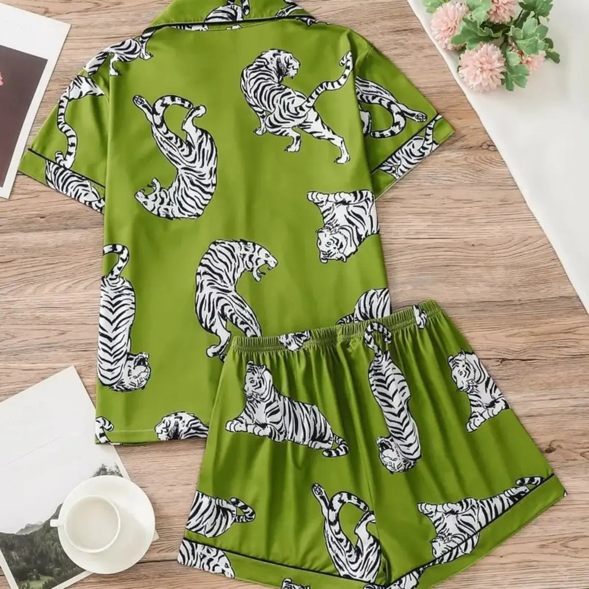 Women's Tiger Print Pocket Pyjama Set, Soft Lapel Collar Short Sleeve Top & Shorts PJ Set, Women's Sleepwear, Summer Outfits 2025, Summer Friday Set